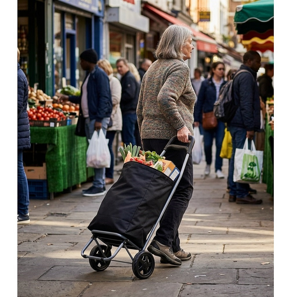 KS Brands Ltd Plain Shopping Trolley Black BB1194BK | 2 Wheel Plain Folding Grocery Cart | Heavy Duty Lightweight Shopper Bag | Ergonomic Handle Frame