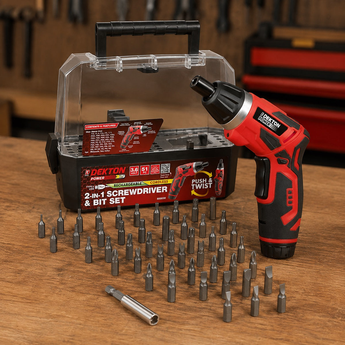 Dekton 2-in-1 3.6V Screwdriver and Bit Set Red and Black 51-Piece 600030 | Rechargeable | Cordless | LED Working Lights | Push and Twist