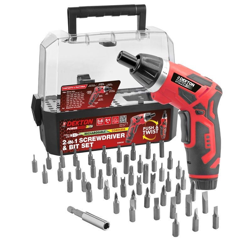 Dekton 2-in-1 3.6V Screwdriver and Bit Set Red and Black 51-Piece 600030 | Rechargeable | Cordless | LED Working Lights | Push and Twist