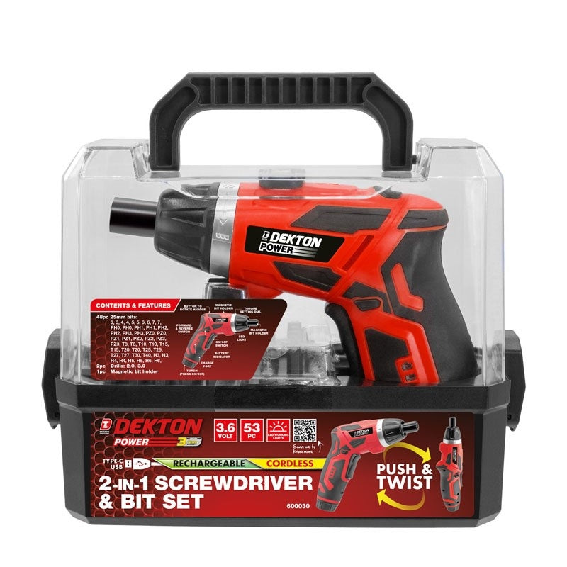 Dekton 2-in-1 3.6V Screwdriver and Bit Set Red and Black 51-Piece 600030 | Rechargeable | Cordless | LED Working Lights | Push and Twist