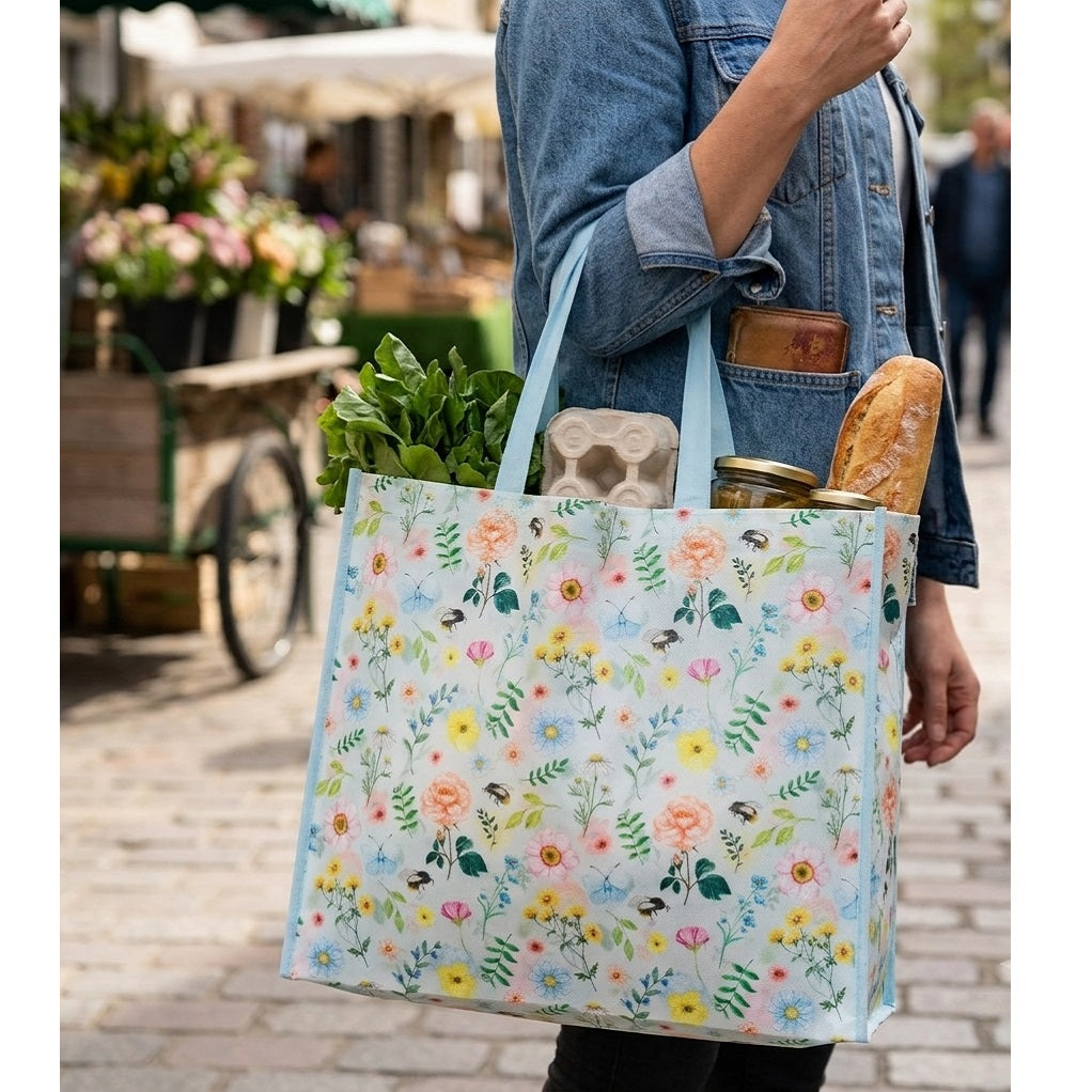 KS Brands Ltd 100 Percent Recycled R-PET Floral and Bee Print Shopper Bag Multicolour BB1254 | Reusable Eco Friendly Grocery Bag | Foldable Lightweight Shopping Tote