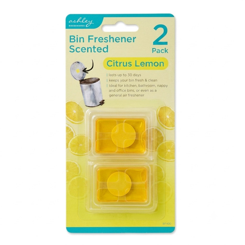 Ashley Housewares Citrus Lemon Scented Bin Freshener Yellow Pack of 2 BF400 | Odour Neutraliser | Self-Adhesive Dustbin Air Freshener | Long Lasting Up to 30 Days | Ideal for Kitchen-Bathroom-Nappy and Office Bins or Even as a General Air Freshener