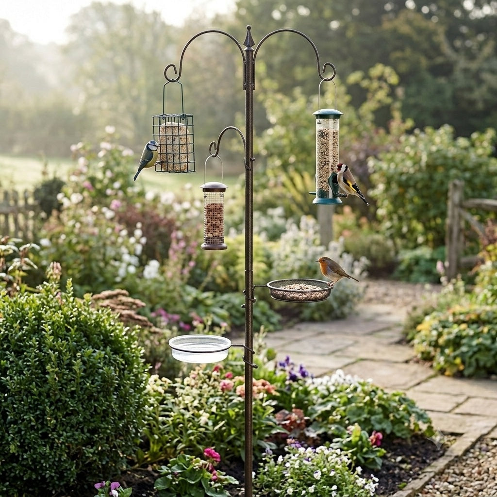 Natures Market Traditional Wild Bird Feeding Station Bronze 190cm BFS | Metal Pole Feeder | Includes Water Dish and Mesh Tray | Garden Bird Care | Attracts a Variety of Wild Birds