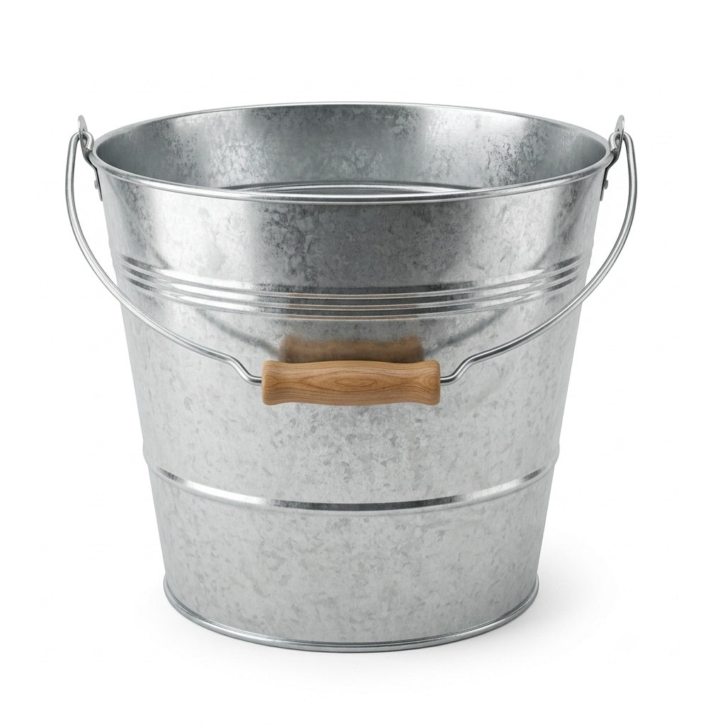 Highlands Galvanised Steel Bucket Silver 30cm x 33cm x 24cm 15Ltr BUC06 | Metal Pail with Wooden Grip Handle | Outdoor Garden Cleaning Fire Ash Planter Bucket