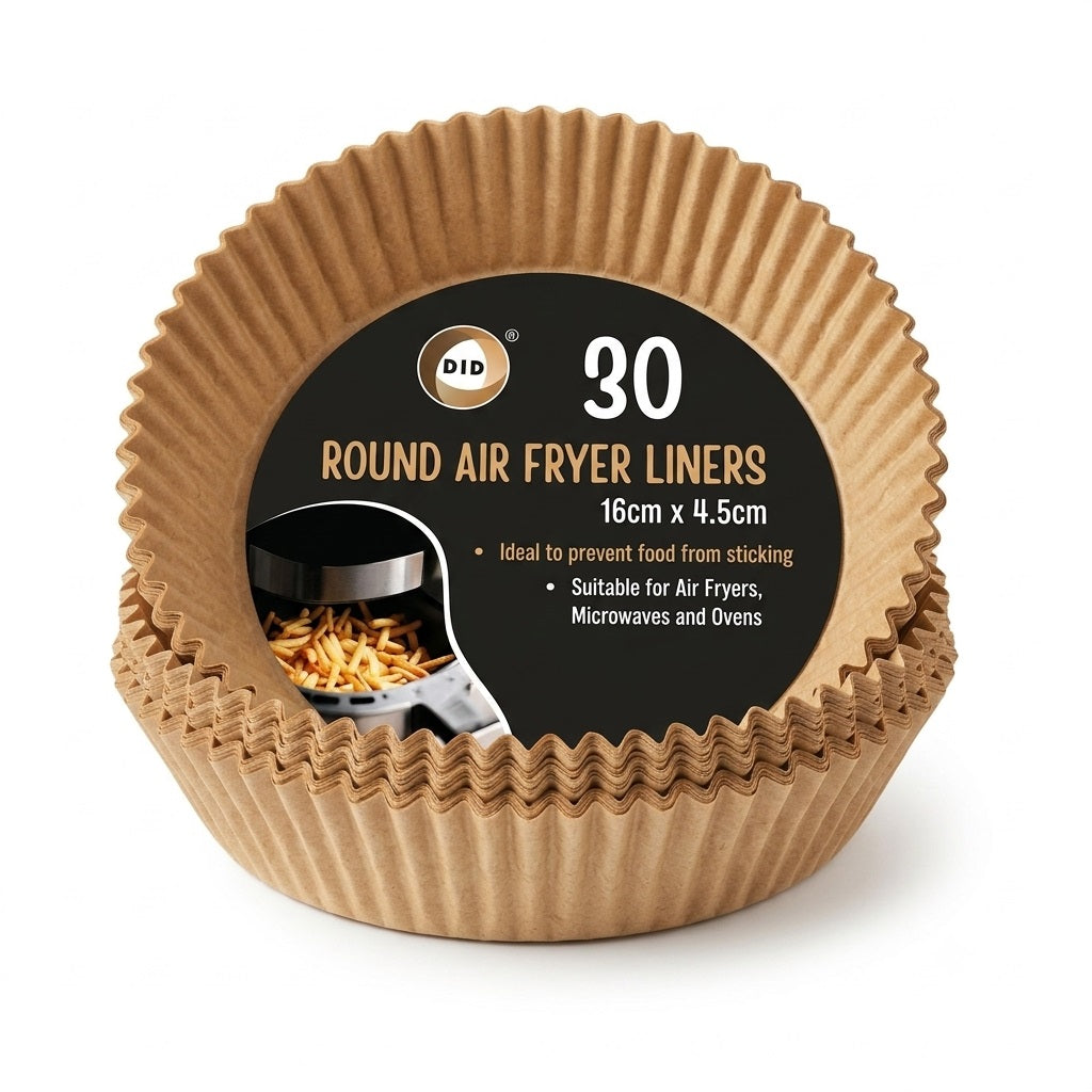 DID Round Air Fryer Liners Brown 16cm x 4.5cm Pack of 30 BW9106 | Non-Stick Disposable Paper Liners | Heat Resistant Baking Parchment Trays | Microwave Oven Safe