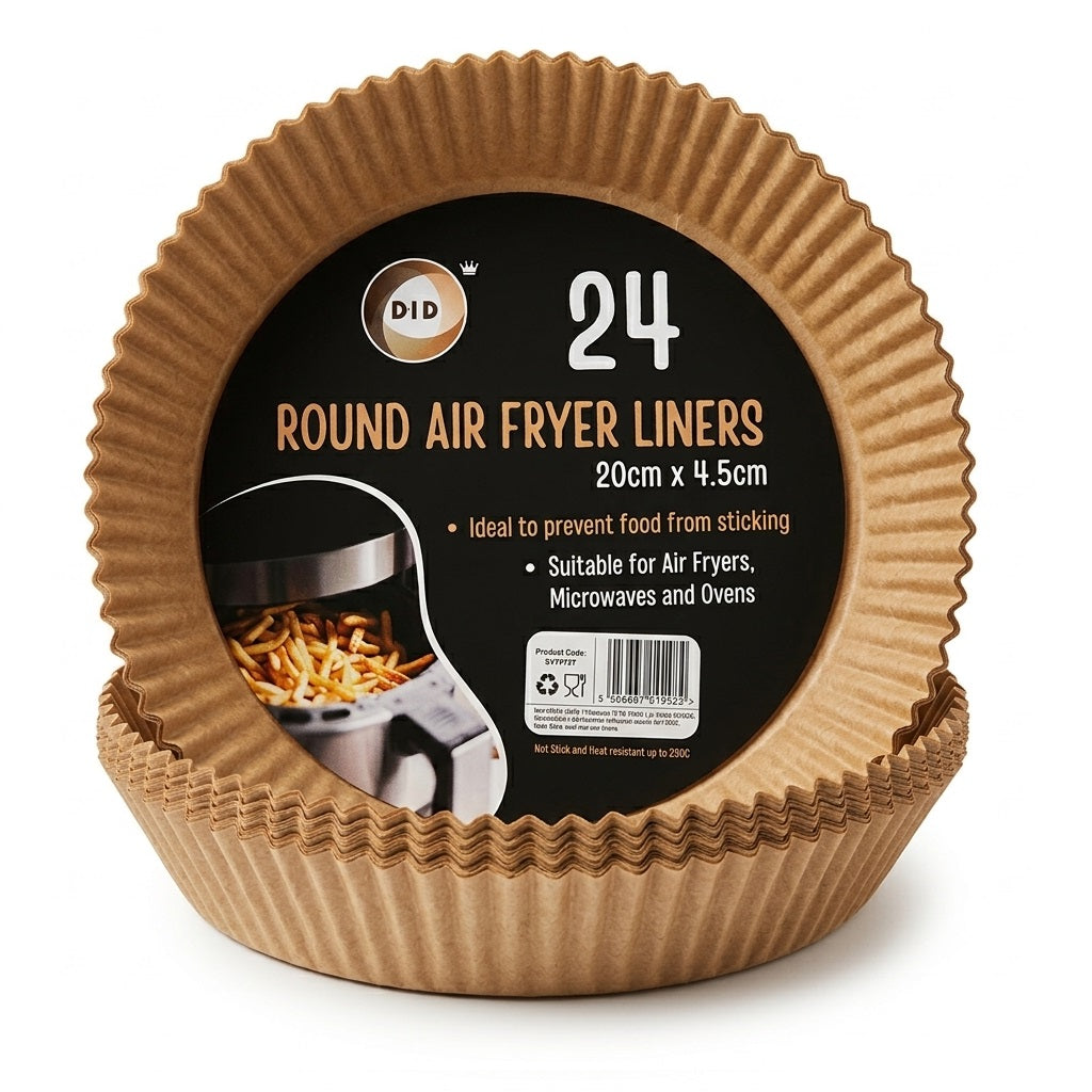 DID Round Air Fryer Liners Brown 20cm x 4.5cm Pack of 24 BW9107 | Non-Stick Disposable Paper Liners | Heat Resistant Baking Parchment Trays | Microwave Oven Safe