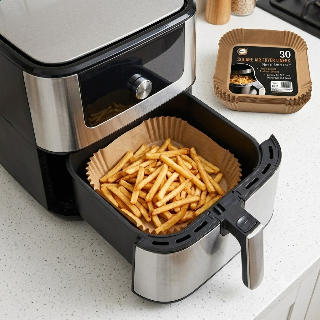 DID Square Air Fryer Liners Brown 16cm x 16cm x 4.5cm Pack of 30 BW9108 | Non-Stick Disposable Paper Liners | Heat Resistant Baking Parchment Trays | Microwave Oven Safe