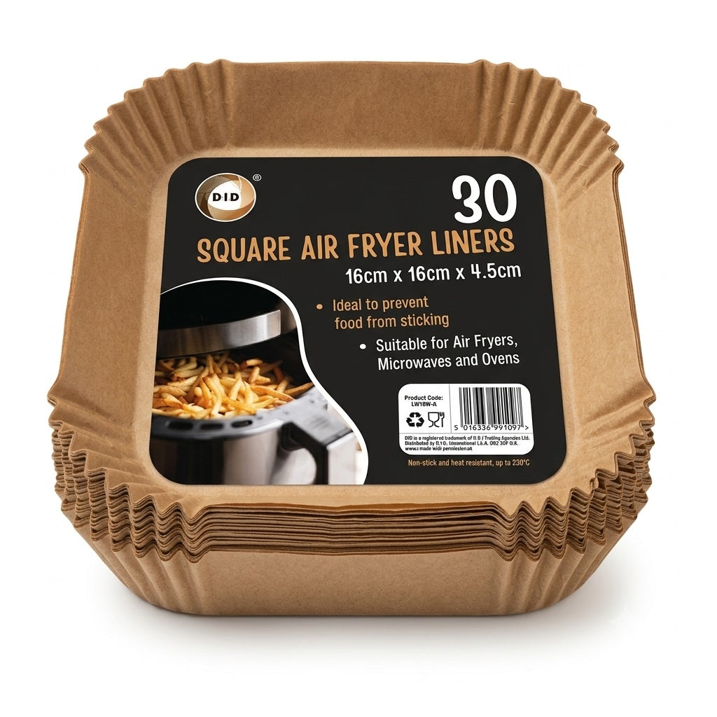 DID Square Air Fryer Liners Brown 16cm x 16cm x 4.5cm Pack of 30 BW9108 | Non-Stick Disposable Paper Liners | Heat Resistant Baking Parchment Trays | Microwave Oven Safe