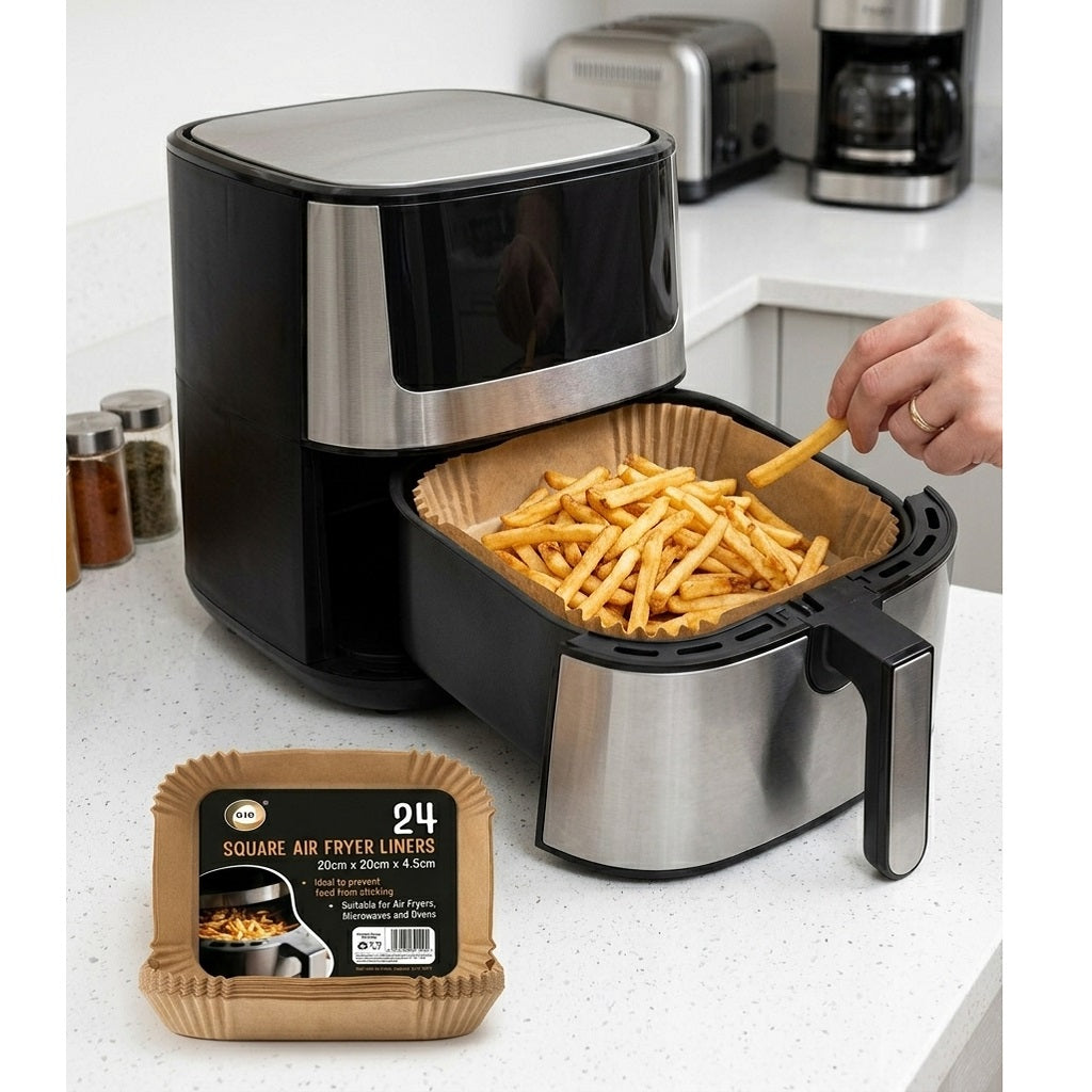 DID Square Air Fryer Liners Brown 20cm x 20cm x 4.5cm Pack of 24 BW9109 | Non-Stick Disposable Paper Liners | Heat Resistant Baking Parchment Trays | Microwave Oven Safe