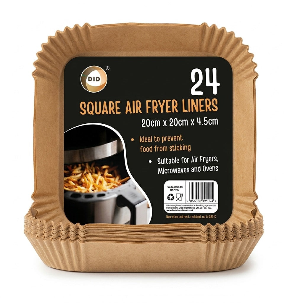 DID Square Air Fryer Liners Brown 20cm x 20cm x 4.5cm Pack of 24 BW9109 | Non-Stick Disposable Paper Liners | Heat Resistant Baking Parchment Trays | Microwave Oven Safe