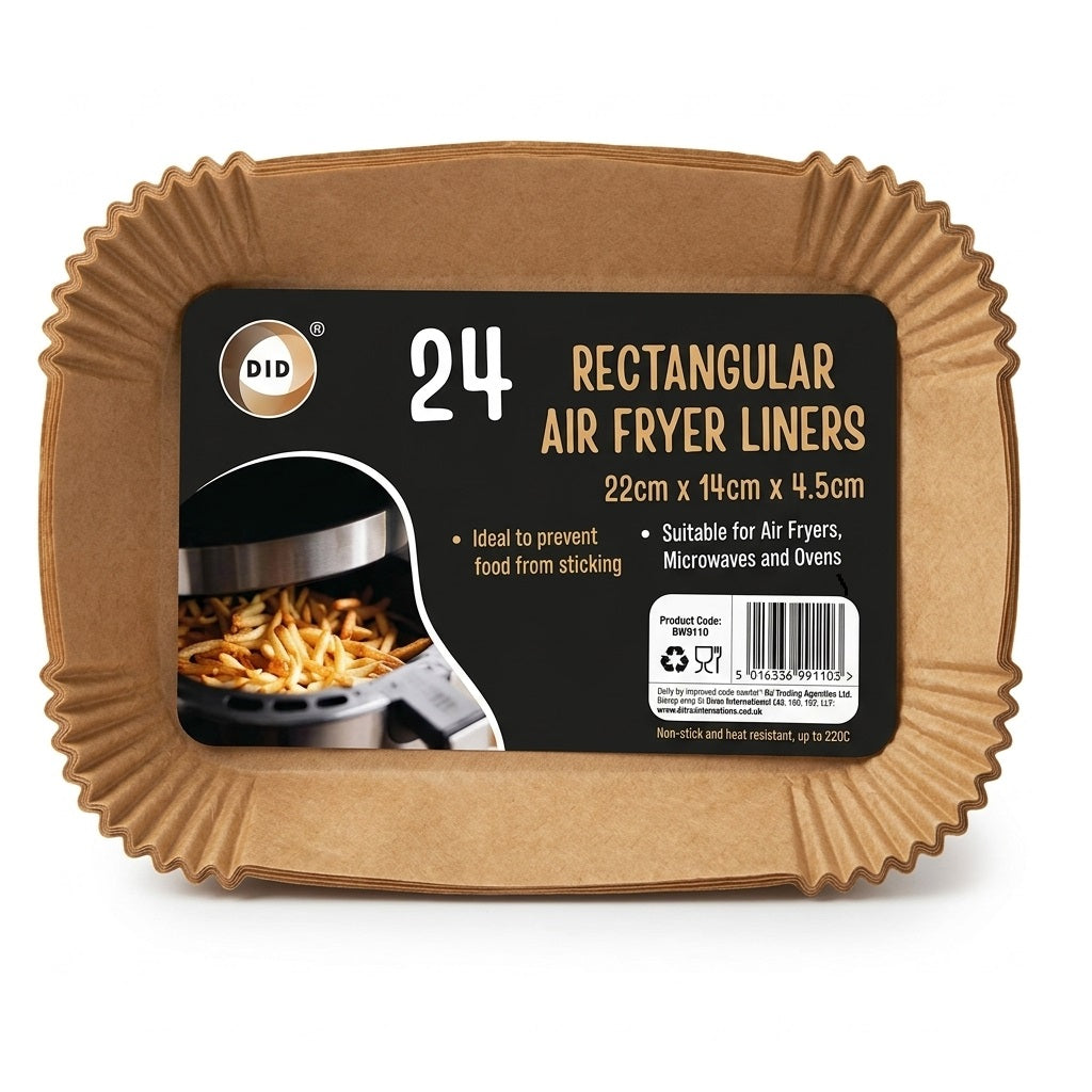 DID Rectangular Air Fryer Liners Brown 22cm x 14cm x 4.5cm Pack of 24 BW9110 | Non-Stick Disposable Paper Liners | Heat Resistant Baking Parchment Trays | Microwave Oven Safe
