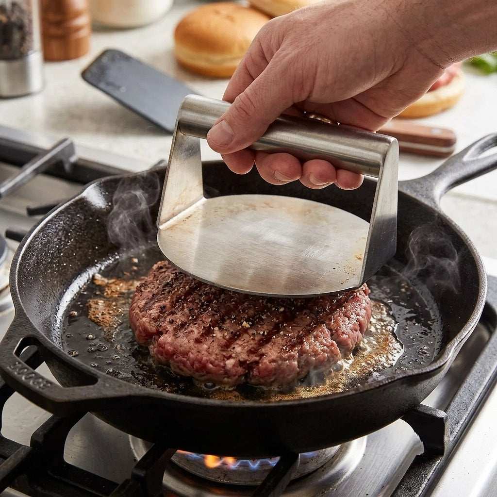 BBQ Equipment Stainless Steel Smash Burger Press Silver 14cm x 13.7cm x 7.5cm C85000490 | Heavy Duty Hamburger Maker | Round Patty Smasher Grill Tool | Dishwasher Safe