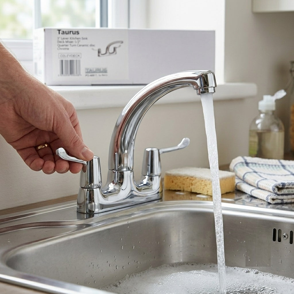 Taurus Kitchen Sink Deck Mixer Chrome 3-Inch CDLEVDECK | Quarter Turn Ceramic Disc Tap | Dual Lever Deck Mounted Basin Mixer | Barco Kitchen Tap