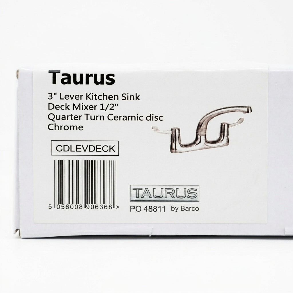 Taurus Kitchen Sink Deck Mixer Chrome 3-Inch CDLEVDECK | Quarter Turn Ceramic Disc Tap | Dual Lever Deck Mounted Basin Mixer | Barco Kitchen Tap
