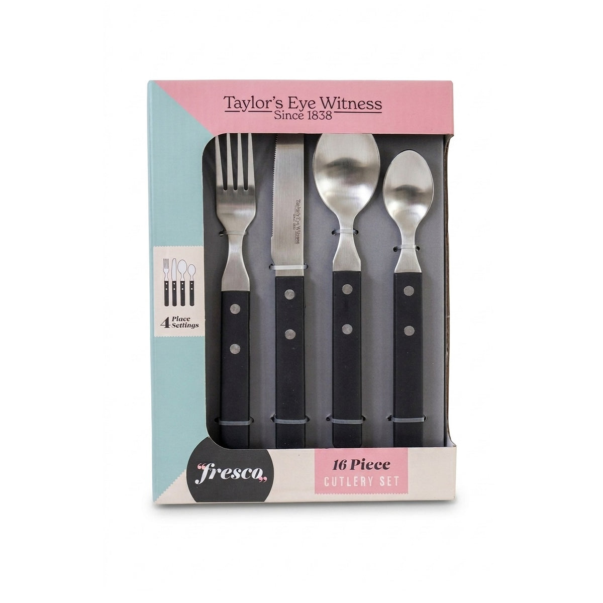 Fresco Taylors Eye Witness Cutlery Set Black Pack of 16 CFC187B | Stainless Steel Flatware Set | Knives Forks Spoons Teaspoons Dining Set