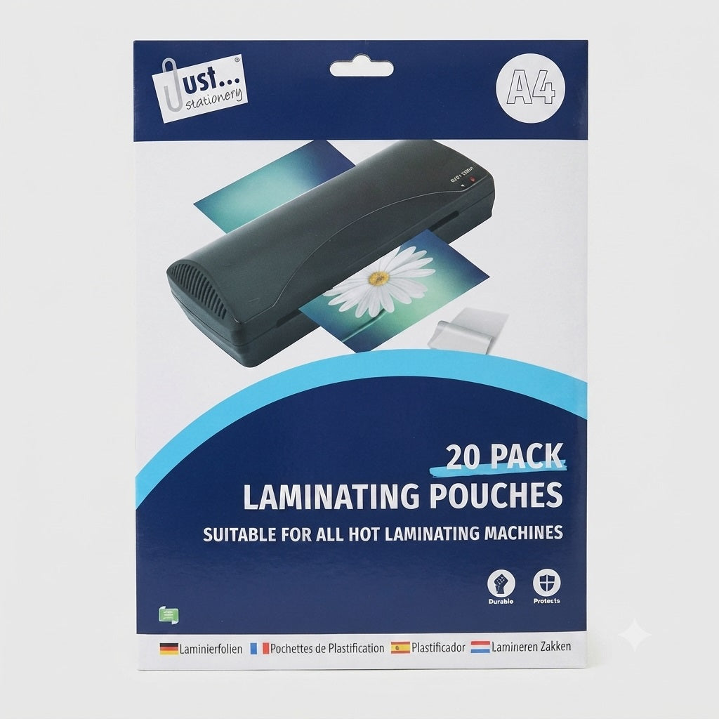 Tallon Just Stationery A4 Laminating Pouches Clear Pack of 20 5922 | Suitable For All Hot Laminating Machines | Document Protection Pouches | Heat Seal Pouches