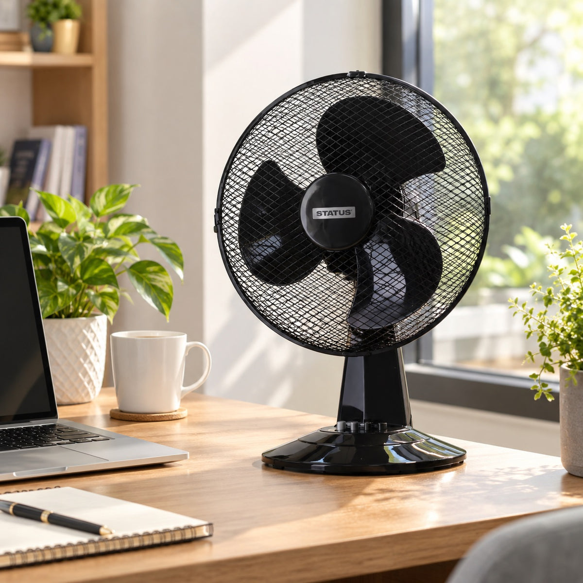 Status Oscillating Desk Fan Black 12-Inch S12BDESKFAN1PKB | 3 Speed Settings | Oscillation Setting | Adjustable Angle | Carry Handle | Portable | Office Desk Fan | Workstation Fan