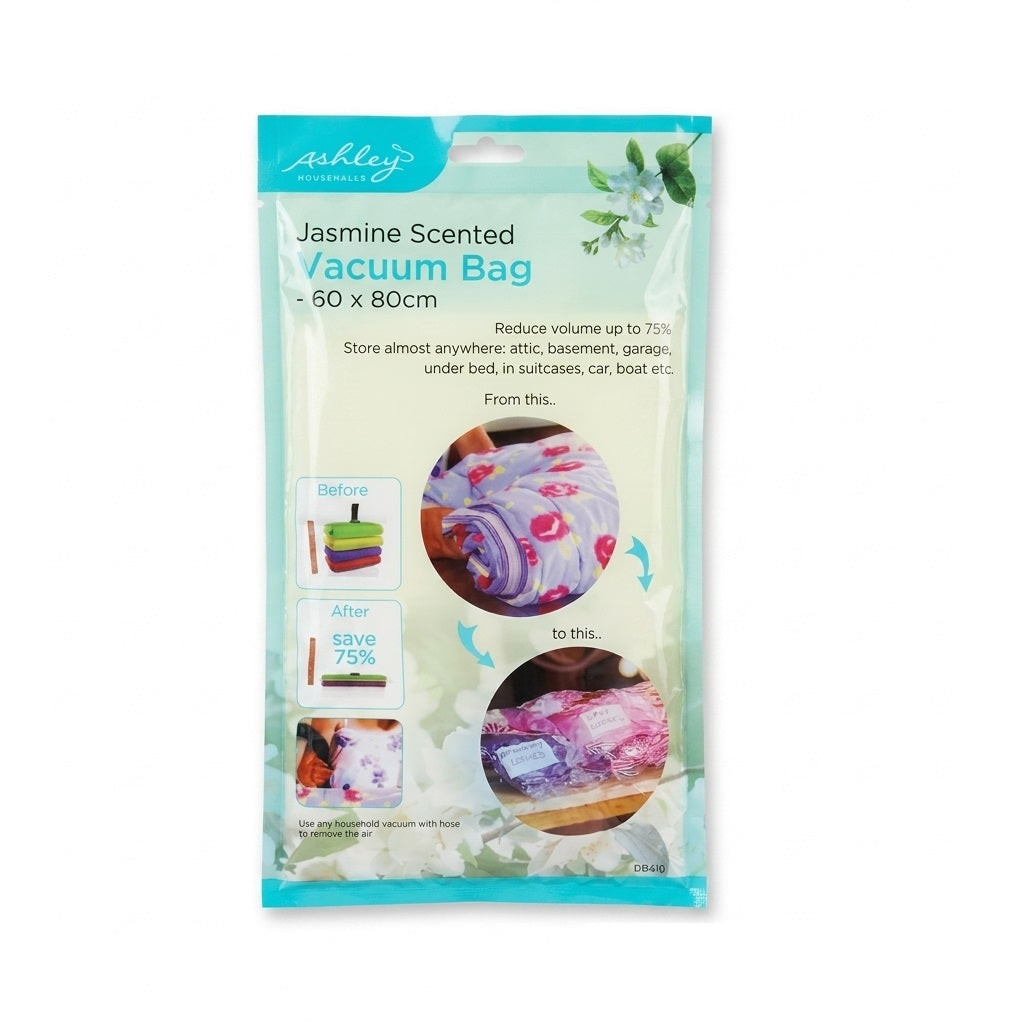 Ashley Housewares Jasmine Scented Vacuum Storage Bag Clear 60cm x 80cm DB416 | Reusable Space Saving Compression Bag | Clothes and Bedding Storage Pouch | Airtight Travel Storage Seal Bag | Reduce Volume upto 75 Percent