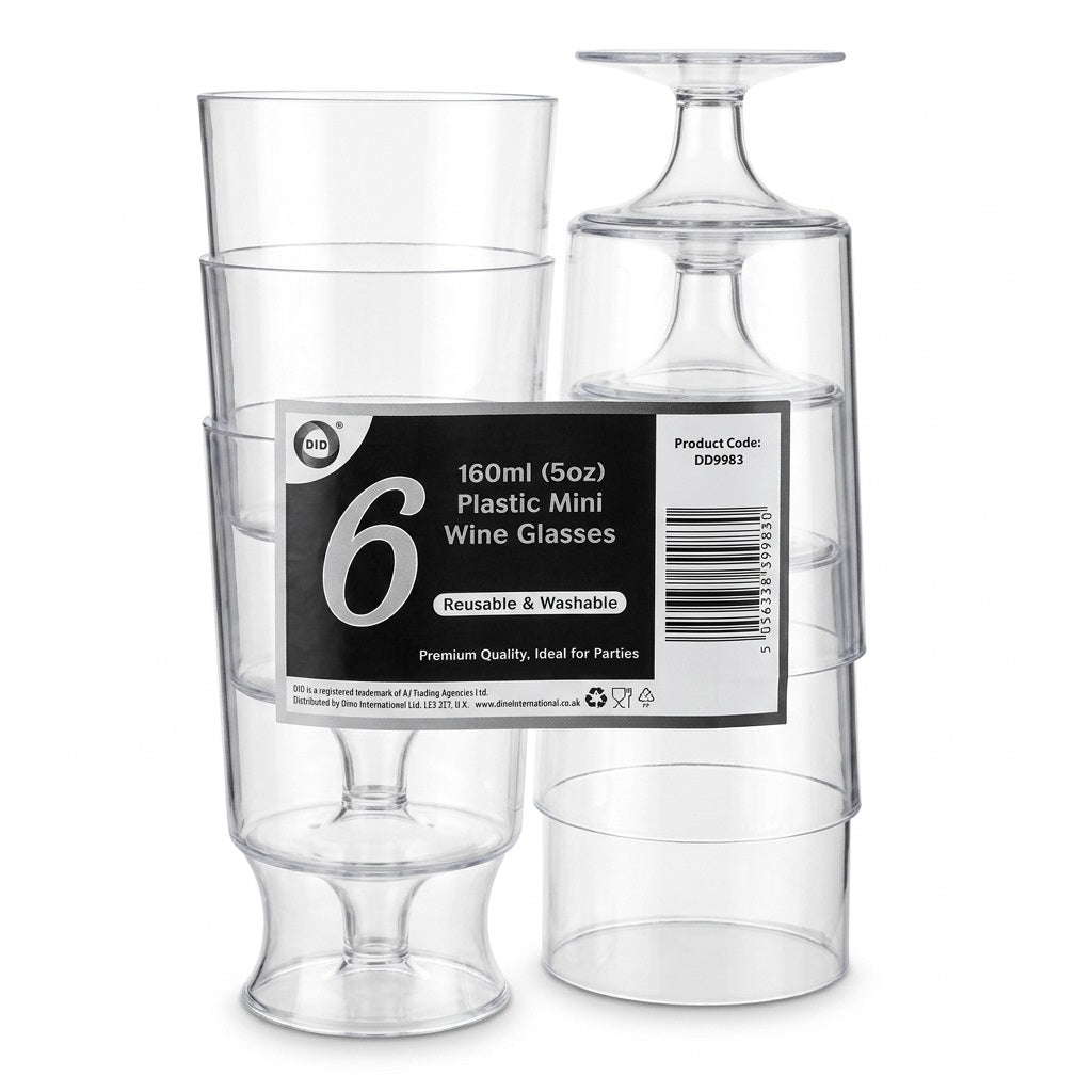 DID Reusable Plastic Mini Wine Glasses Clear 5oz Pack of 6 DD9983 | Washable Party Wine Goblets | Shatterproof Clear Plastic Drinkware | Prosecco and Cocktail Tasting Glasses