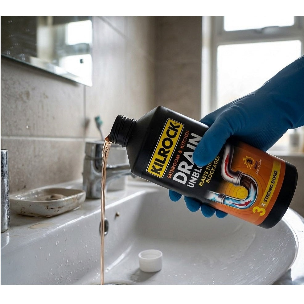 Kilrock Bathroom and Kitchen Drain Unblocker Black 1Ltr DRAIN1L | Fast Acting 3 Minute Drain Cleaner | Heavy Duty Sink and Pipe Unblocker Liquid | Plughole Hair and Grease Remover
