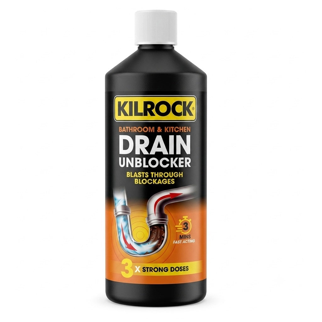 Kilrock Bathroom and Kitchen Drain Unblocker Black 1Ltr DRAIN1L | Fast Acting 3 Minute Drain Cleaner | Heavy Duty Sink and Pipe Unblocker Liquid | Plughole Hair and Grease Remover