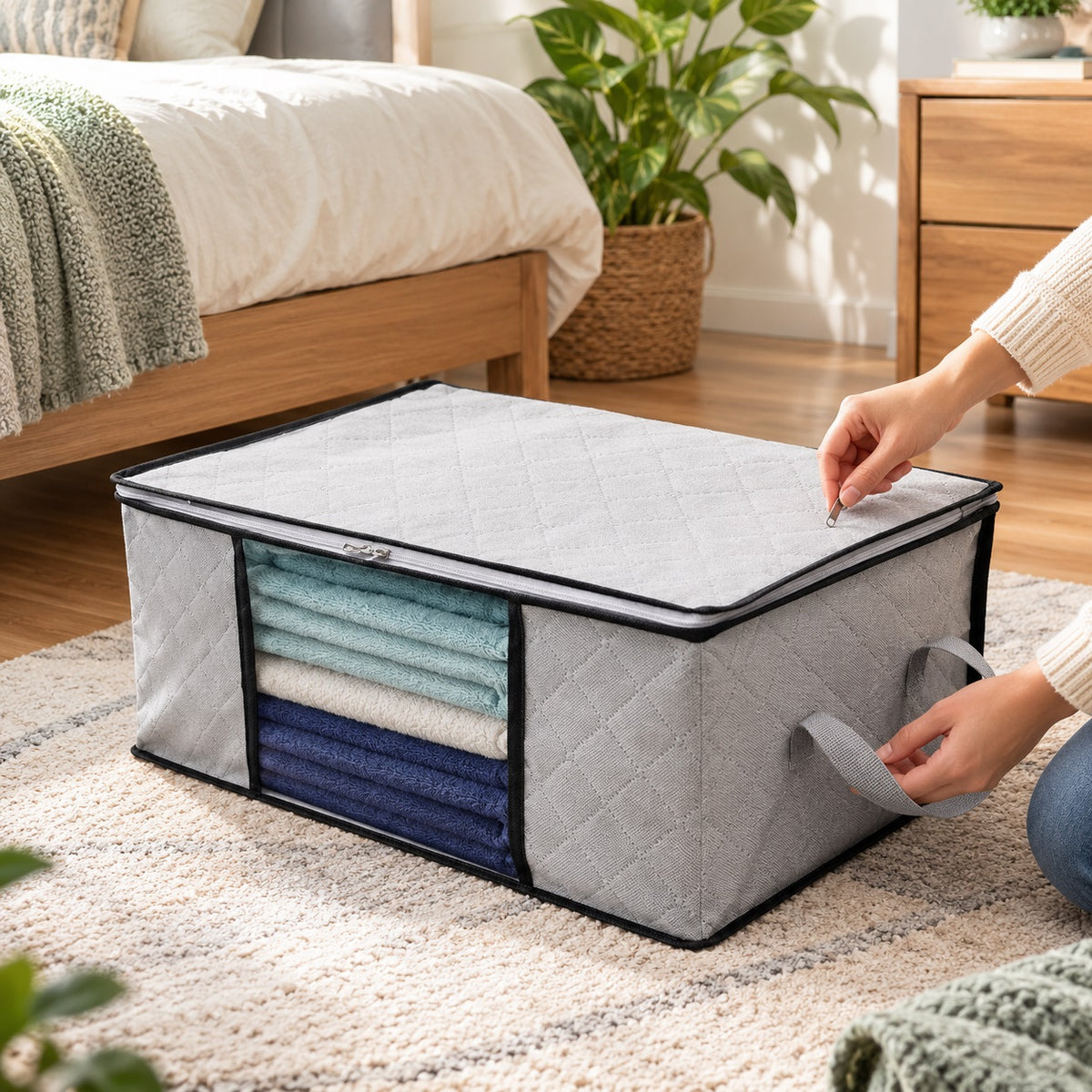 Country Club Underbed Storage Bag Grey 56 x 35 x 25cm STO227417 | Beathable Fabric | Clear Window | Double Zip lid | Compact Design | Folds Down When Not In Use | Organiser Bag | Clothes Storage Bag | Space Saving Bag