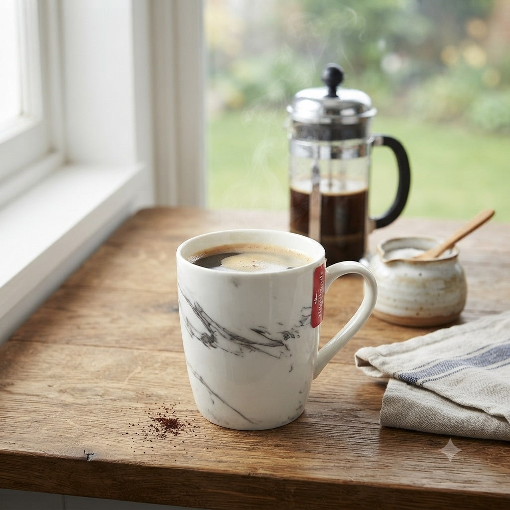 Highlands Homeware Marble Porcelain Mug White 12oz MAR04 | Elegant Marble Design | High Quality Porcelain | Microwave and Dishwasher Safe | Comfortable Handle