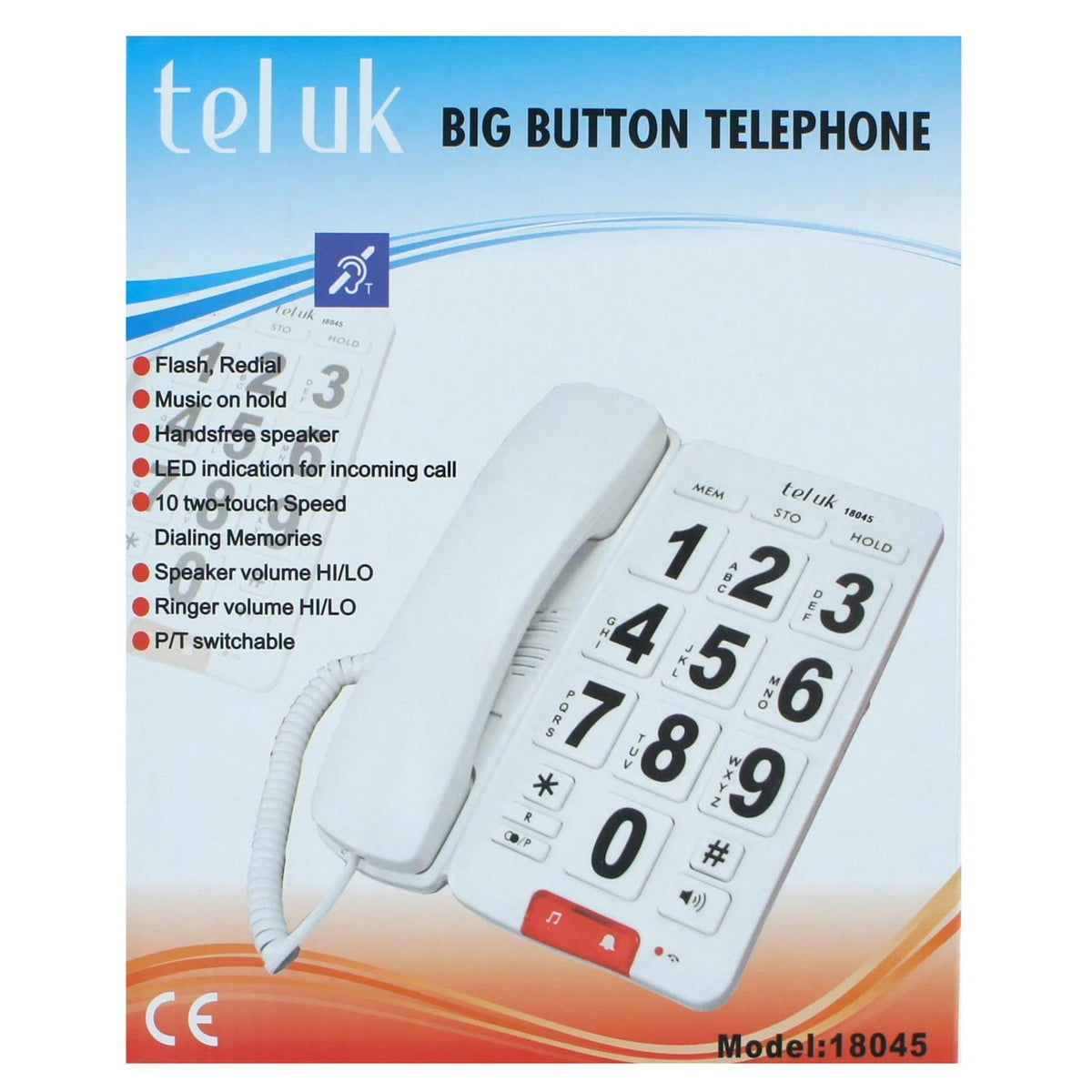 Tel Uk Big Button Telephone White 18045 | Flash | Music on Hold | Handsfree Speaker | LED Indication For Incoming Call | 10 Two-Touch Speed Dialing Memories