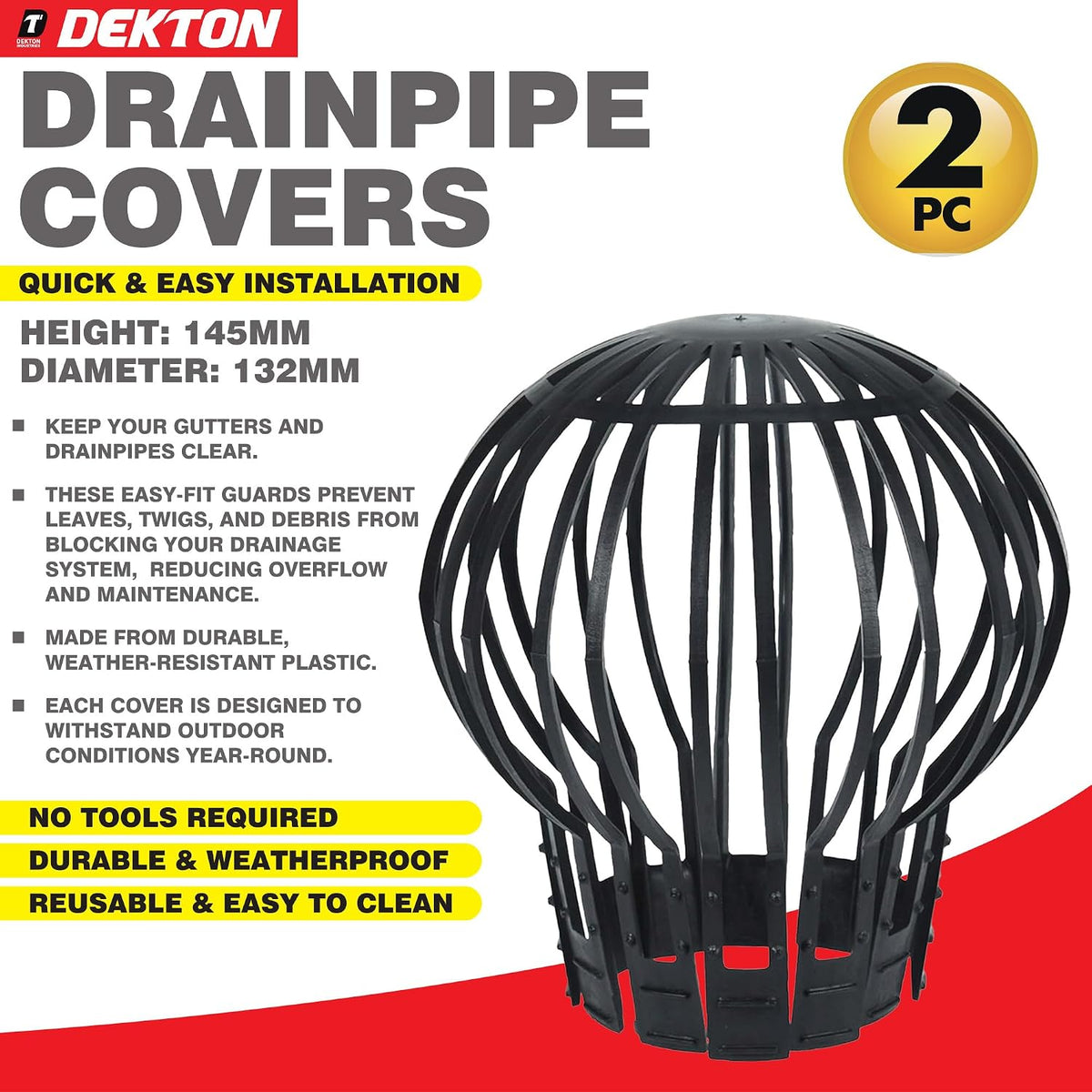 Dekton Drainpipe Covers Black 145mm x 132mm Pack of 2 DT30375 | Gutter Balloon Guards | Flexible Downpipe Leaf Filters | Weatherproof Blockage Protectors