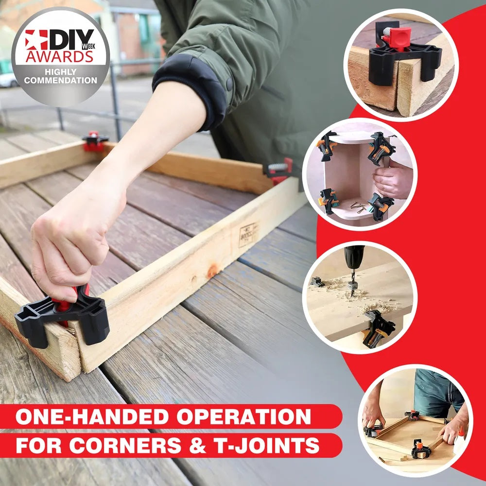 Dekton Professional Heavy Duty Corner Mate Clamps Black and Red Pack of 4 DT60640 | 45 and 90 Degree Angle Clamp Sets | Spring Loaded Corner Clamps | Right Angle Woodworking Tools