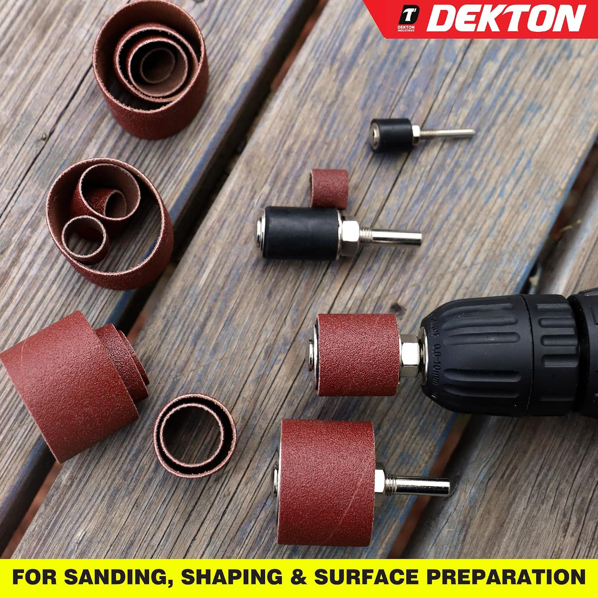 Dekton Sanding and Drum Kit Multicolour Pack of 20 DT60905 | Rotary Drill Sanding Drum Set | Rubber Mandrels and Aluminium Oxide Sleeves | Power Drill Rotary Tool Attachments