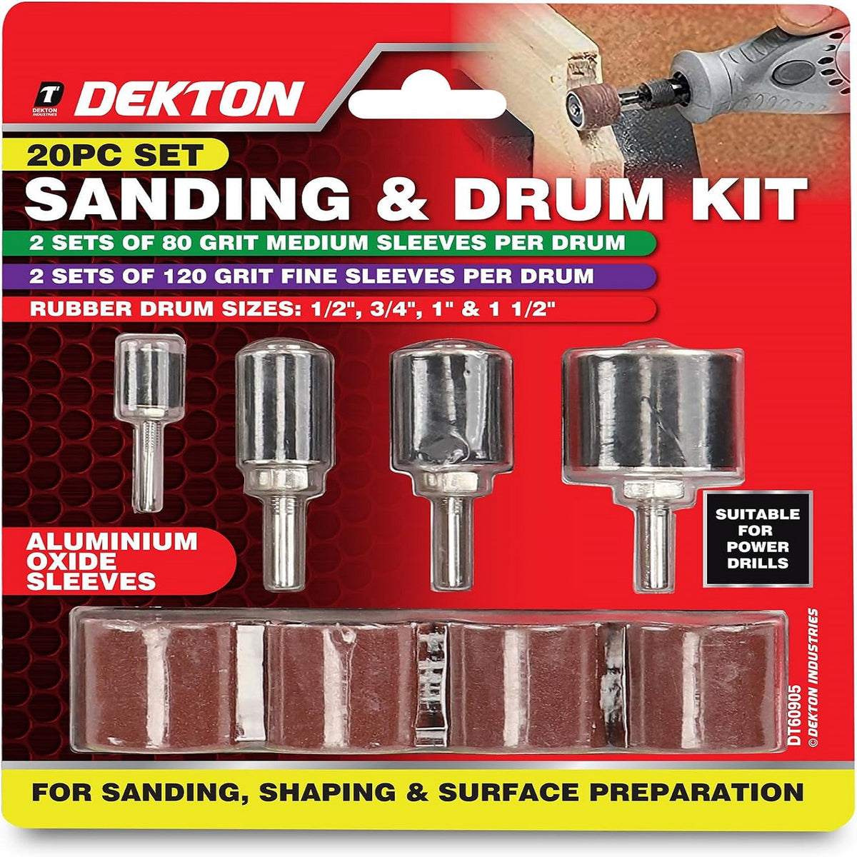 Dekton Sanding and Drum Kit Multicolour Pack of 20 DT60905 | Rotary Drill Sanding Drum Set | Rubber Mandrels and Aluminium Oxide Sleeves | Power Drill Rotary Tool Attachments