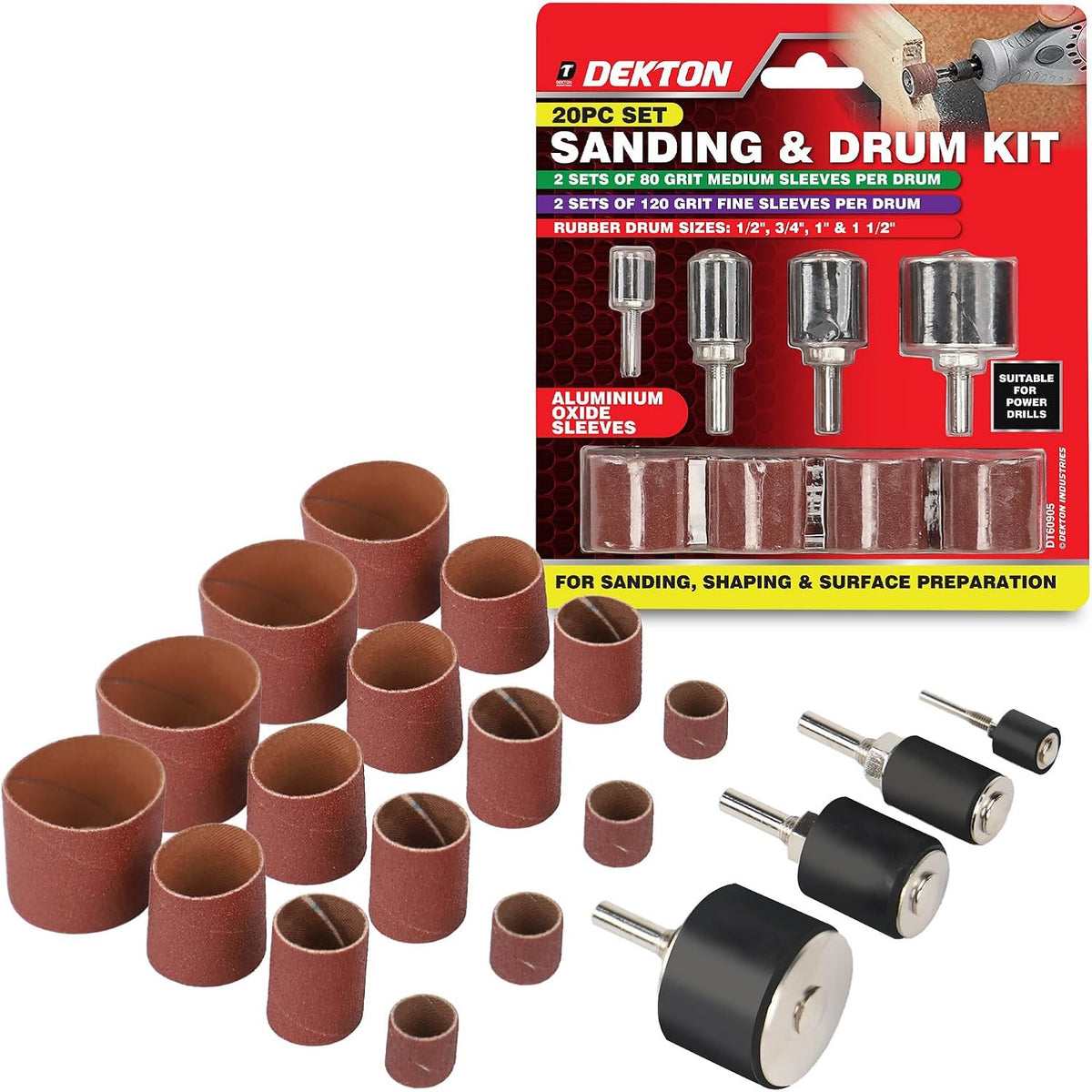 Dekton Sanding and Drum Kit Multicolour Pack of 20 DT60905 | Rotary Drill Sanding Drum Set | Rubber Mandrels and Aluminium Oxide Sleeves | Power Drill Rotary Tool Attachments