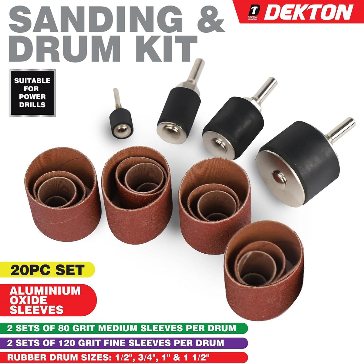 Dekton Sanding and Drum Kit Multicolour Pack of 20 DT60905 | Rotary Drill Sanding Drum Set | Rubber Mandrels and Aluminium Oxide Sleeves | Power Drill Rotary Tool Attachments