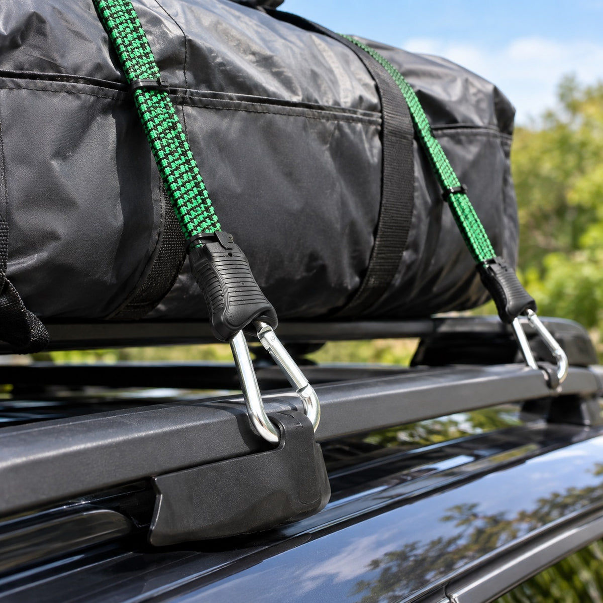 Dekton Flat Bungee Cord with Carabiner Steel Hooks Assorted Colours 18-Inch DT70691 | Heavy Duty Elasticated Luggage Strap | Green & Black Patterned Bungee Cord | Cargo Securing Roof Rack Tie Down