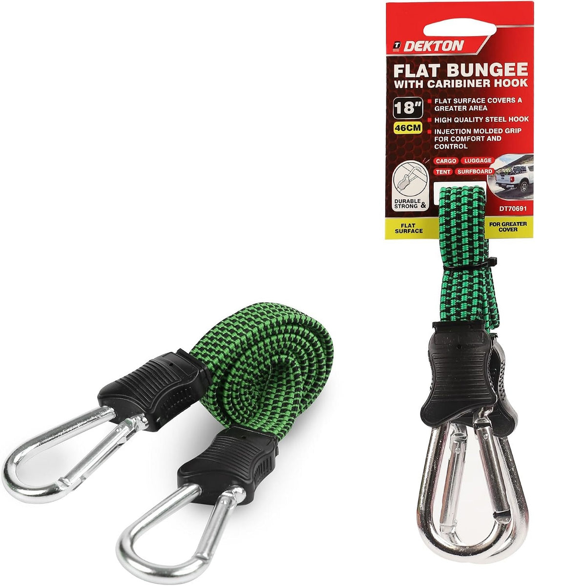 Dekton Flat Bungee Cord with Carabiner Steel Hooks Assorted Colours 18-Inch DT70691 | Heavy Duty Elasticated Luggage Strap | Green & Black Patterned Bungee Cord | Cargo Securing Roof Rack Tie Down