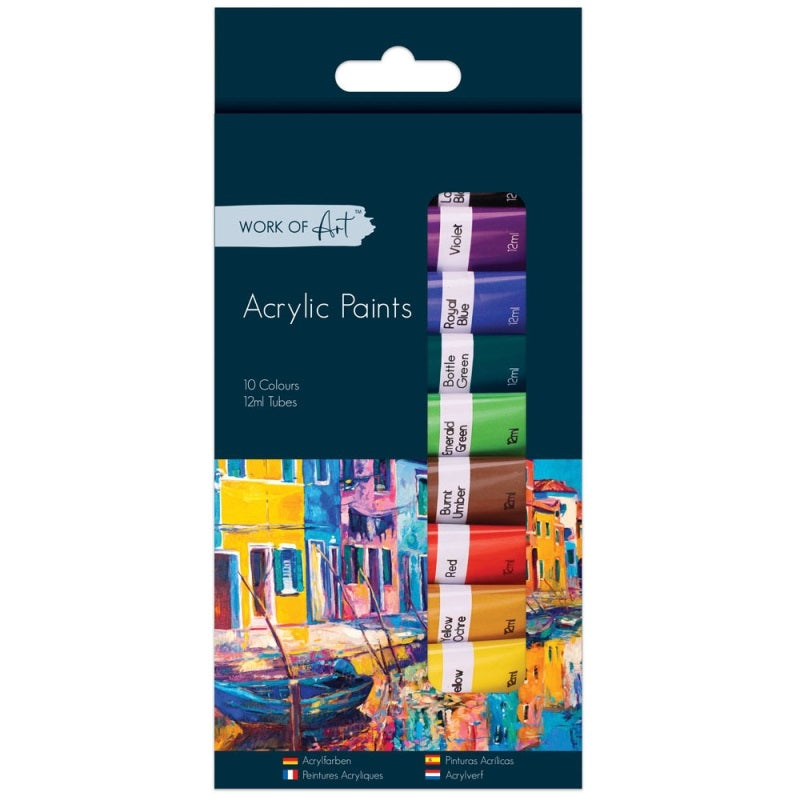 Tallon Work of Art Acrylic Paint Tubes Assorted Colours 12ml Pack of 10 6745 | Acrylic Paint Set | Craft Paint Tubes | Art Paint