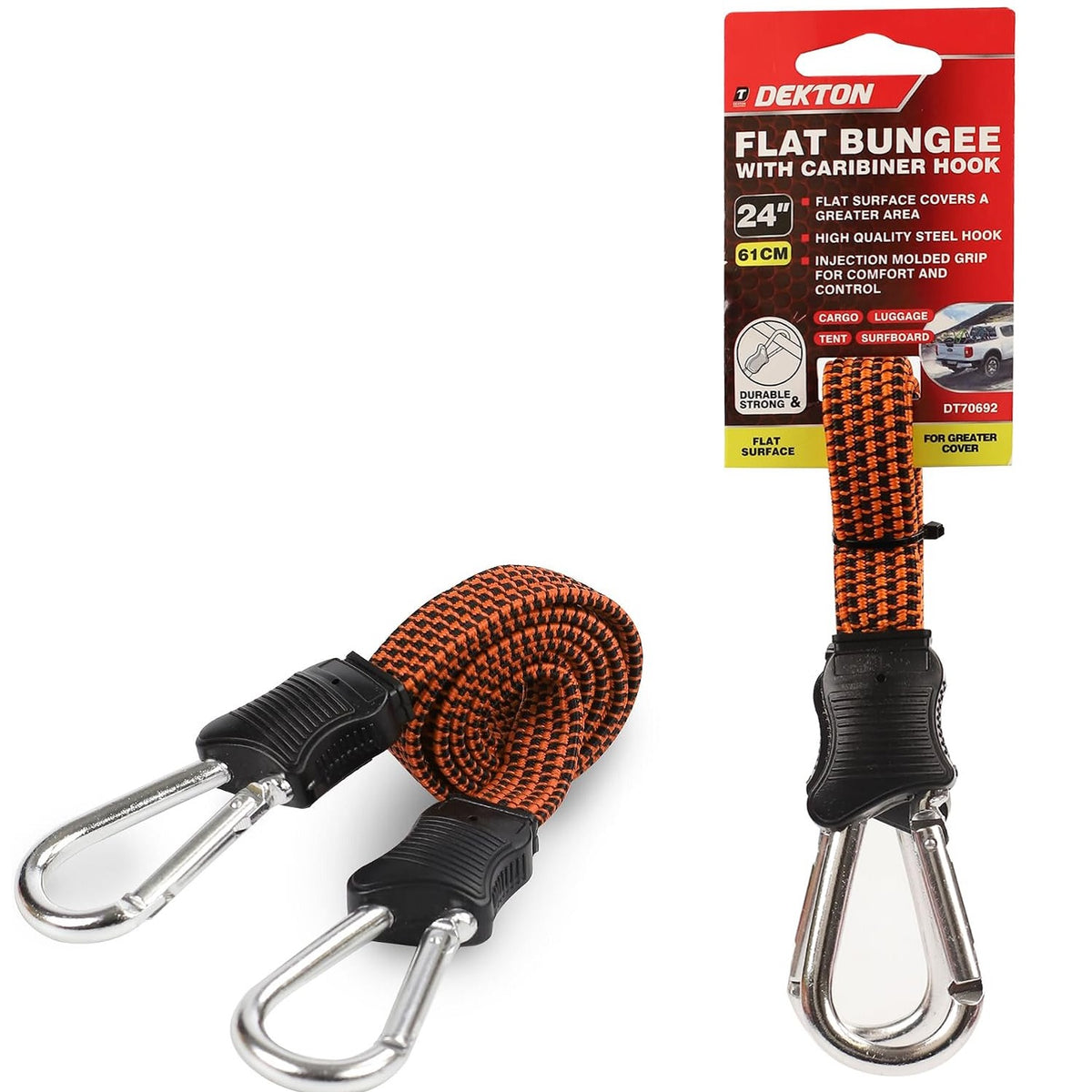 Dekton Flat Bungee Cord with Carabiner Hook Multicolour 24-Inch DT70692 | Heavy-Duty Elastic Tie-Down Strap | Steel Clips for Cargo-Luggage-Camping-Surfboard | Durable and Strong