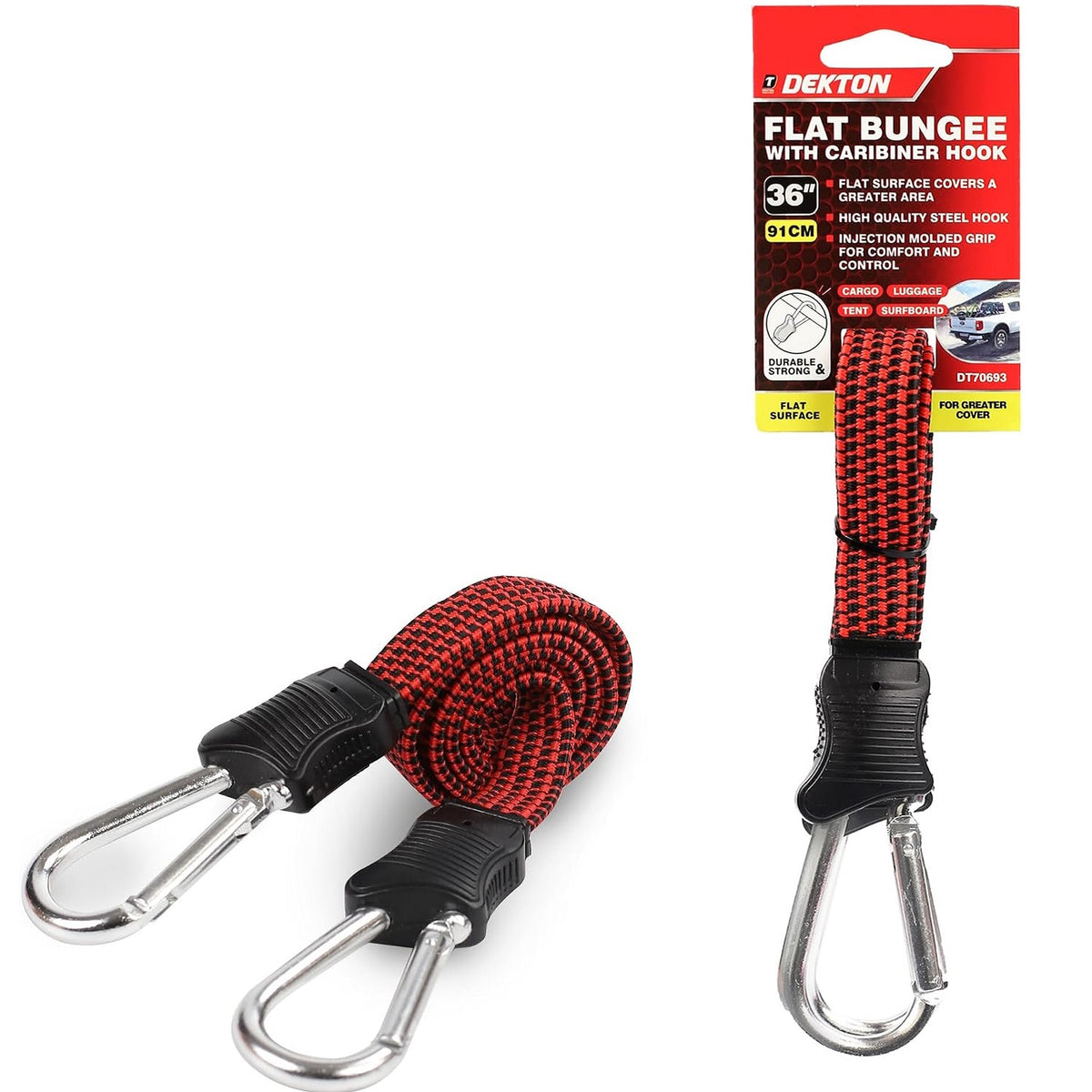 Dekton Flat Bungee Cord with Carabiner Hook Multicolour 36-Inch DT70693 | Durable and Strong Elastic Tie-Down Strap | Steel Clips for Cargo-Luggage-Camping-Surfboard