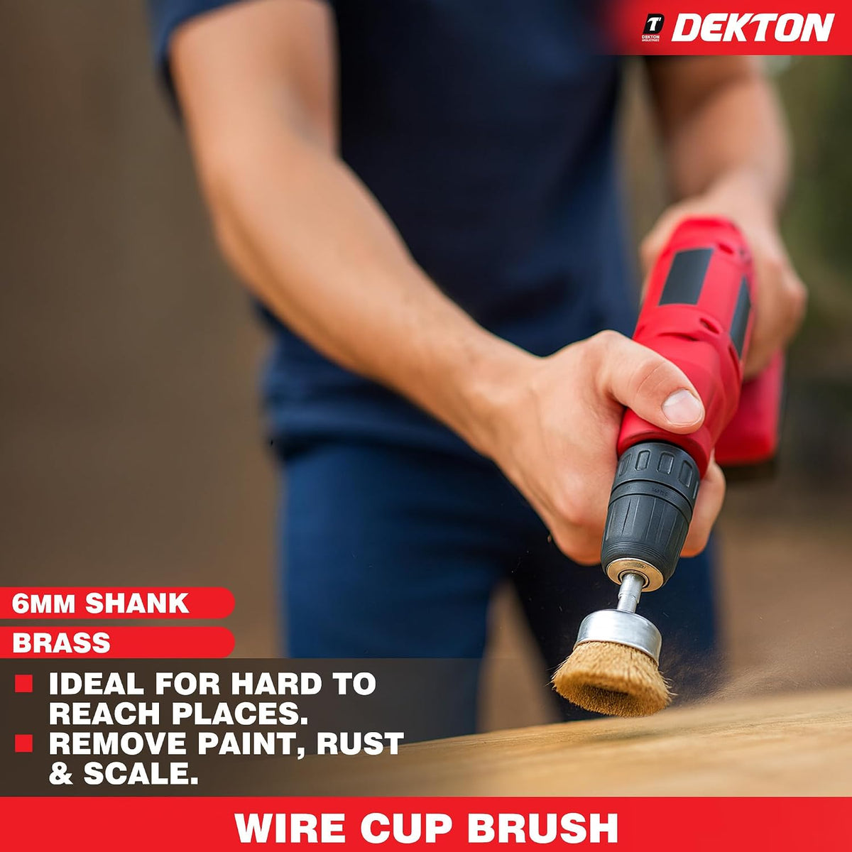 Dekton Wire Cup Brush Brass Plated 75mm DT80507 | 6mm Shank Power Drill Attachment | Remove Paint-Rust and Scale | Ideal for Hard to Reach Places | 4500RPM Maximum Speed | Suitable for Power Drills