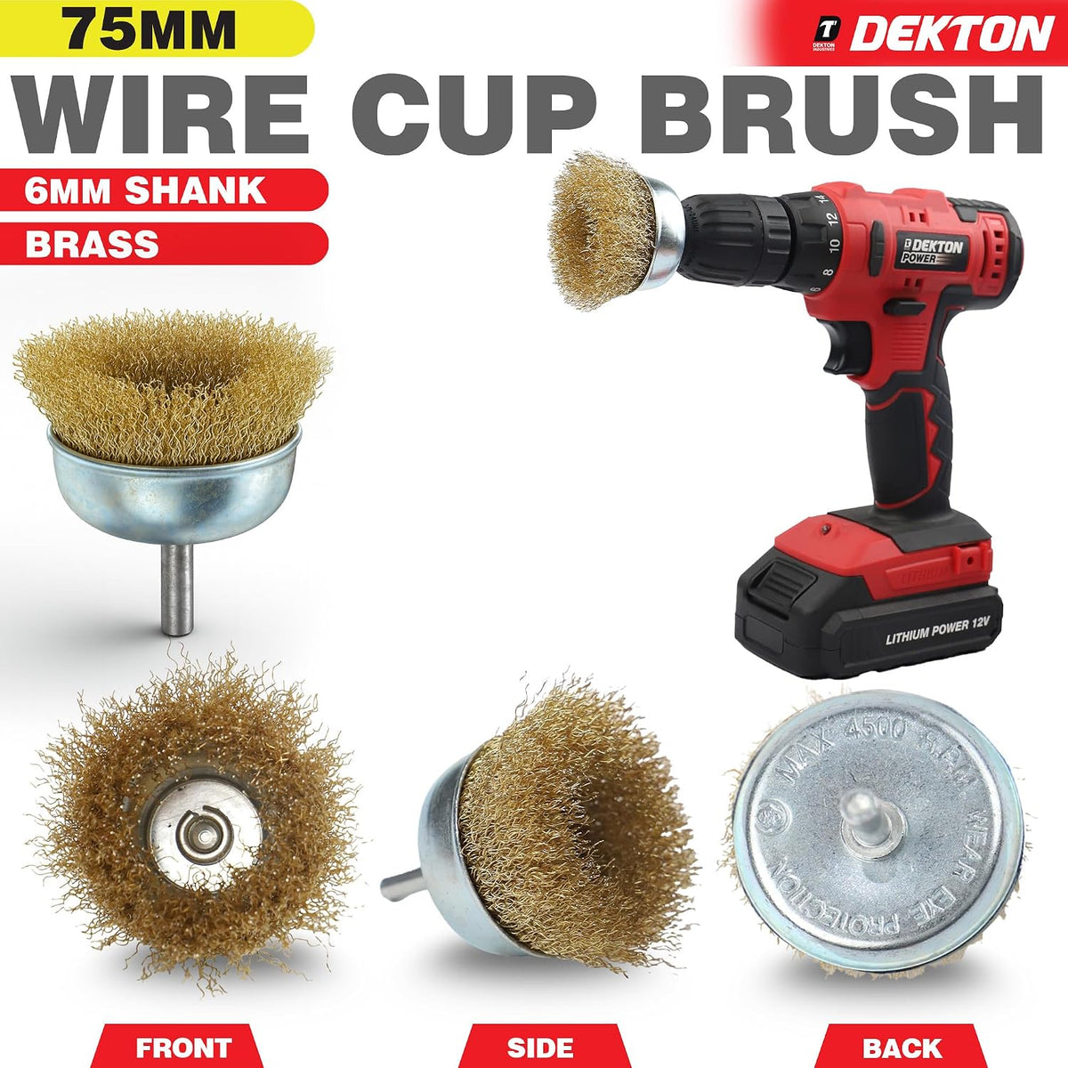 Dekton Wire Cup Brush Brass Plated 75mm DT80507 | 6mm Shank Power Drill Attachment | Remove Paint-Rust and Scale | Ideal for Hard to Reach Places | 4500RPM Maximum Speed | Suitable for Power Drills