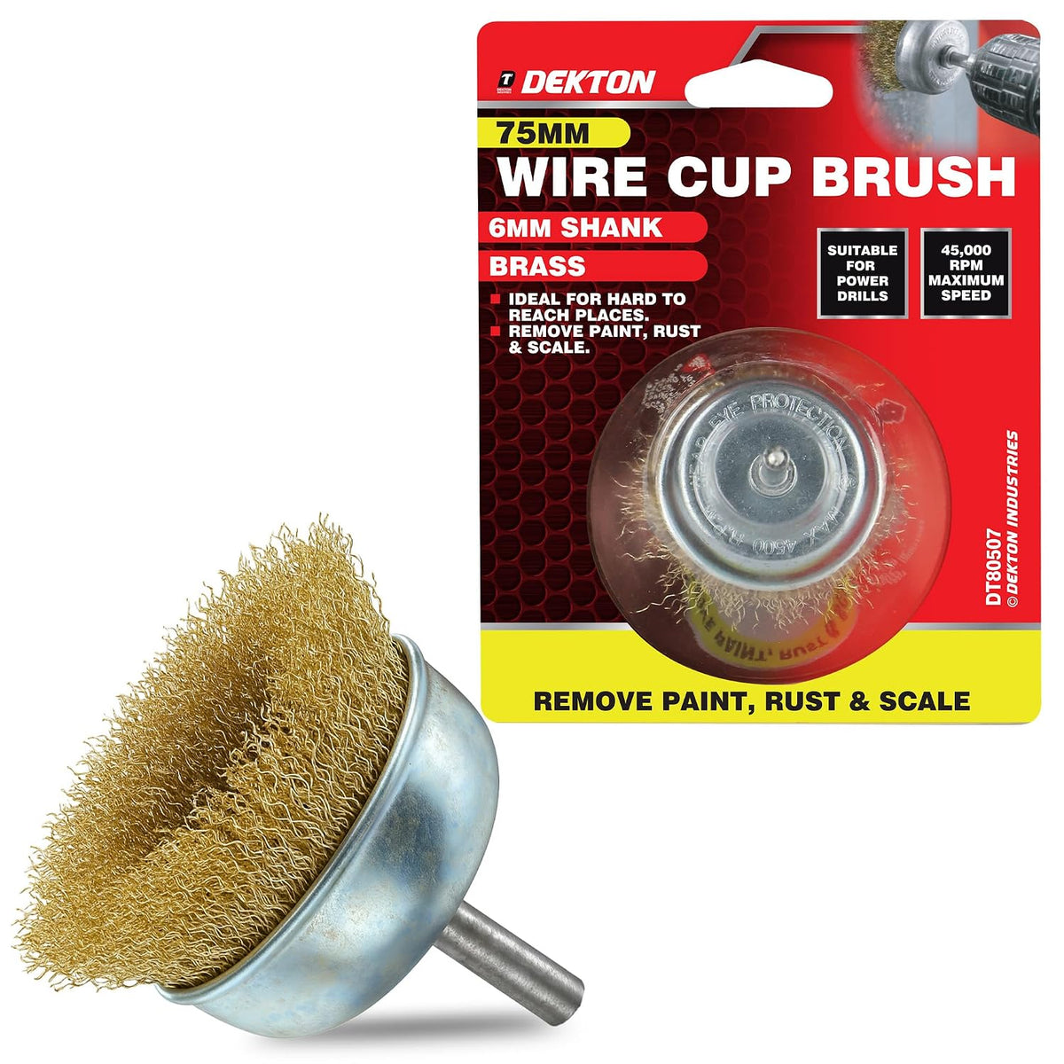 Dekton Wire Cup Brush Brass Plated 75mm DT80507 | 6mm Shank Power Drill Attachment | Remove Paint-Rust and Scale | Ideal for Hard to Reach Places | 4500RPM Maximum Speed | Suitable for Power Drills