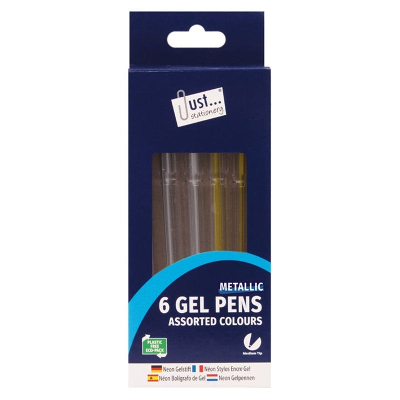 Just Stationery Metallic Gel Pens Assorted Colours Pack of 6 1224-48 | Glitter Writing Pens | Craft Pens | Colouring Pens