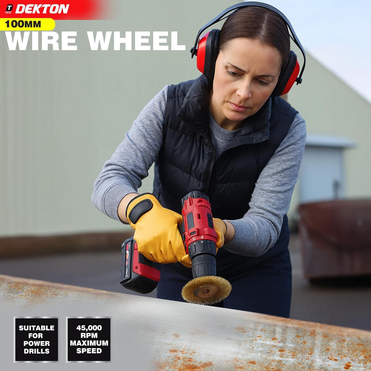 Dekton Wire Wheel Brush Brass Plated 100mm DT80509 | 6mm Shank Power Drill Attachment | Remove Paint-Rust and Scale | Ideal for Hard to Reach Places | Suitable for Power Drills | 4500 RPM Maximum Speed