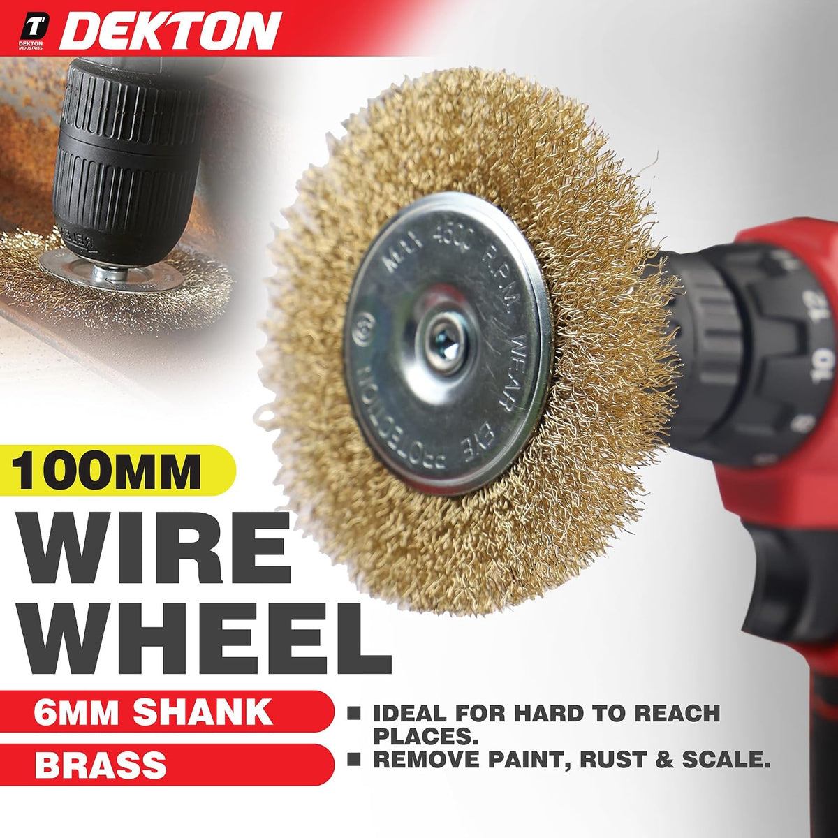 Dekton Wire Wheel Brush Brass Plated 100mm DT80509 | 6mm Shank Power Drill Attachment | Remove Paint-Rust and Scale | Ideal for Hard to Reach Places | Suitable for Power Drills | 4500 RPM Maximum Speed