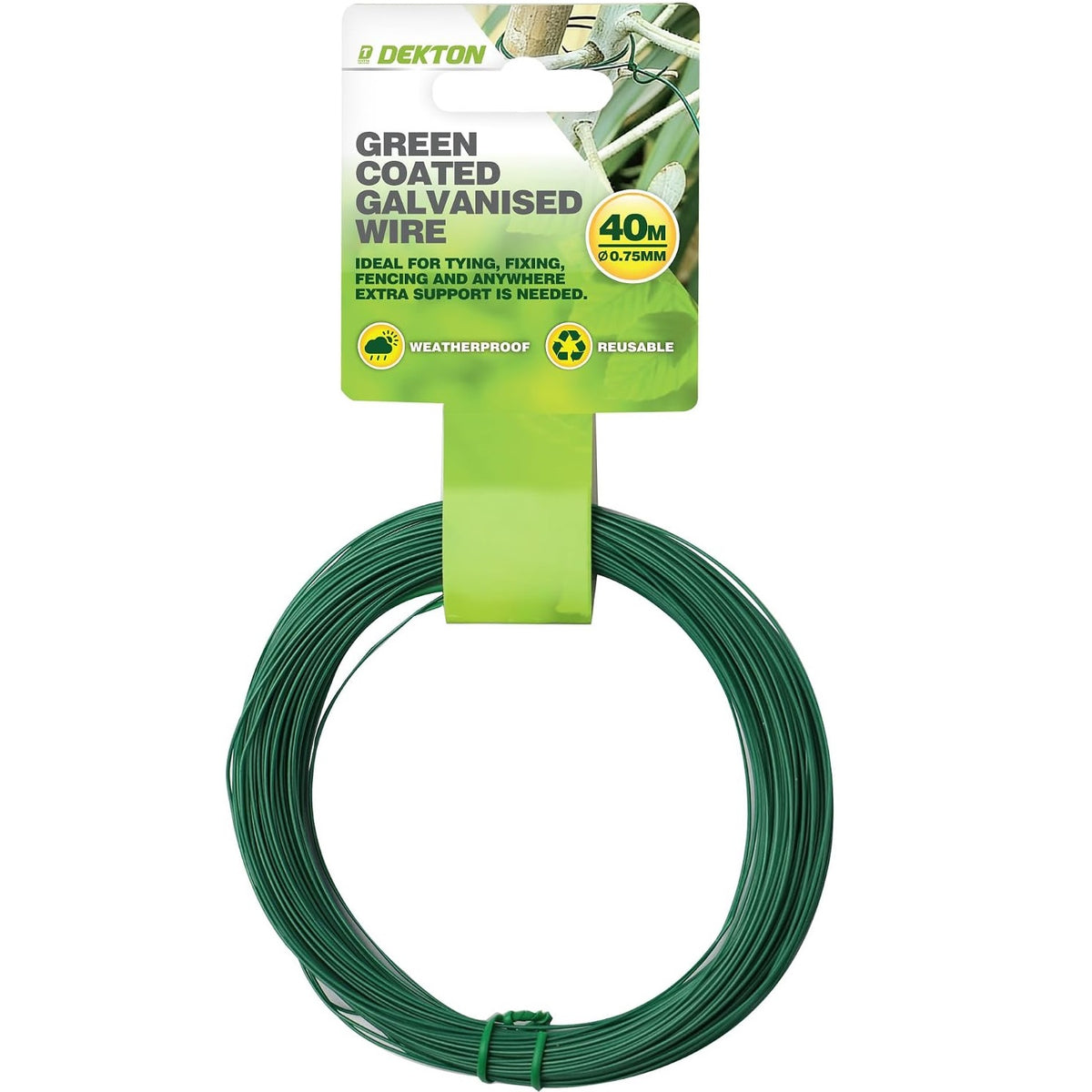 Dekton Coated Galvanised Wire Green 40Mtr x 0.75mm DTG2055 | Ideal for Tying-Fixing and Fencing | Rust and Corrosion Proof | Extra Resistance to Tension and Pressure | Easy to Cut to Any Length | Weatherproof and Reusable