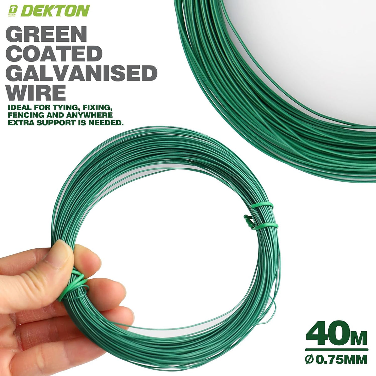 Dekton Coated Galvanised Wire Green 40Mtr x 0.75mm DTG2055 | Ideal for Tying-Fixing and Fencing | Rust and Corrosion Proof | Extra Resistance to Tension and Pressure | Easy to Cut to Any Length | Weatherproof and Reusable
