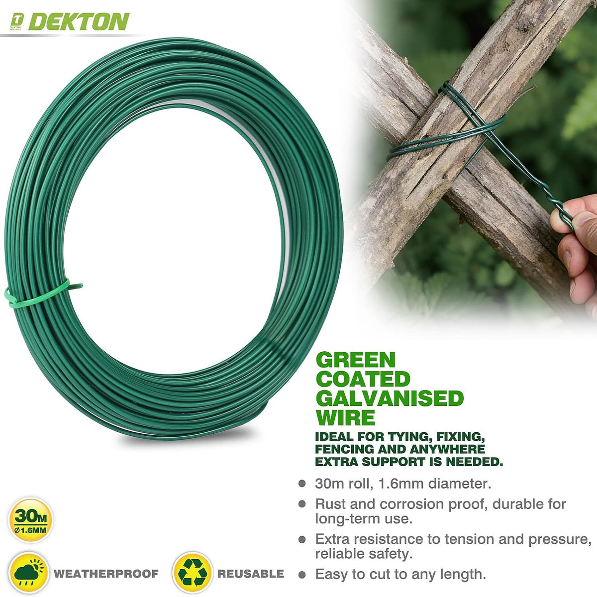 Dekton Coated Galvanised Wire Green 30Mtr x 1.6mm DTG2060 | Ideal for Tying-Fixing and Fencing | Rust and Corrosion Proof | Extra Resistance to Tension and Pressure | Easy to Cut to Any Length | Weatherproof and Reusable