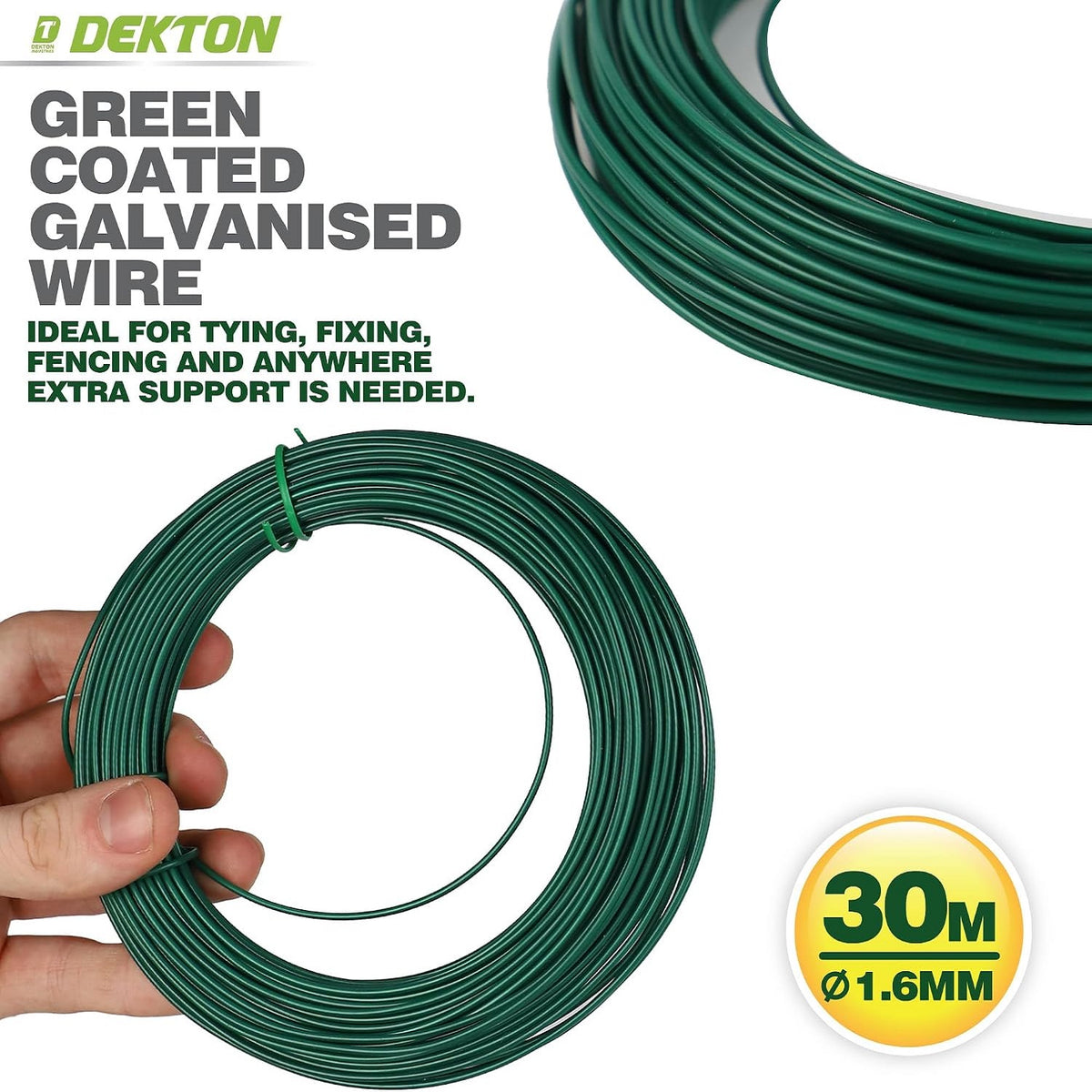 Dekton Coated Galvanised Wire Green 30Mtr x 1.6mm DTG2060 | Ideal for Tying-Fixing and Fencing | Rust and Corrosion Proof | Extra Resistance to Tension and Pressure | Easy to Cut to Any Length | Weatherproof and Reusable