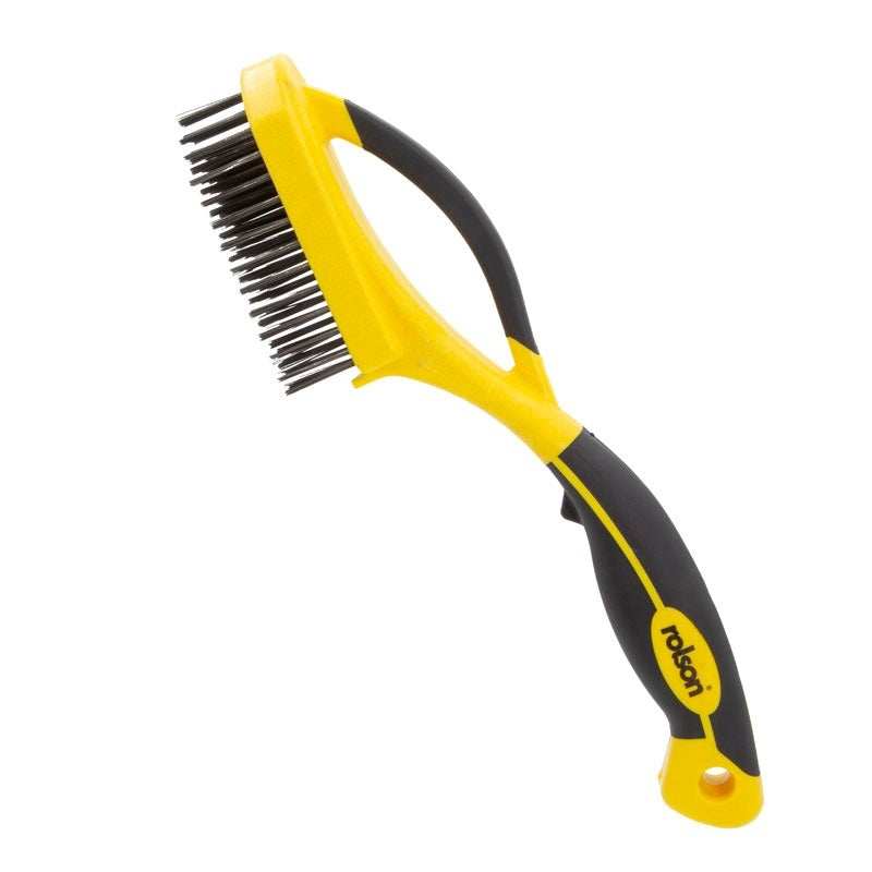 Rolson Steel Wire Brush Yellow and Black 300mm 42838 | 23mm Length Steel Bristles | Durable Rubber Coated Soft Handle | Rust and Paint Removal Brush